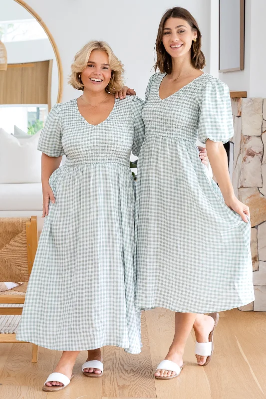 Aurelia Midi Dress Sage Gingham