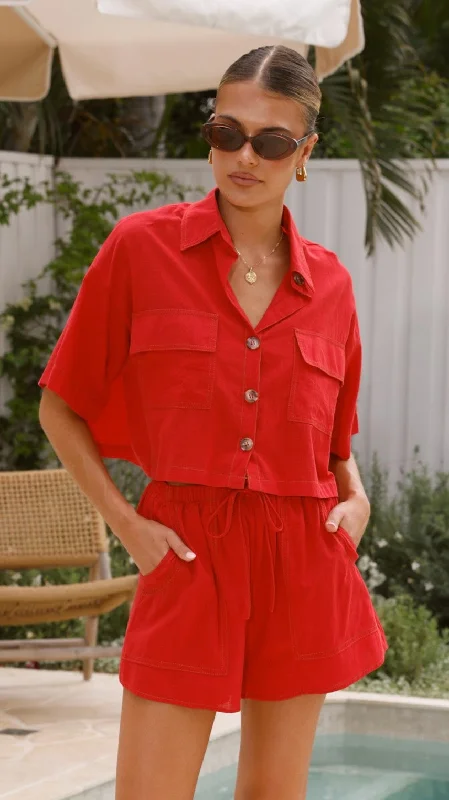 Bridgette Cropped Shirt and Shorts Set - Red