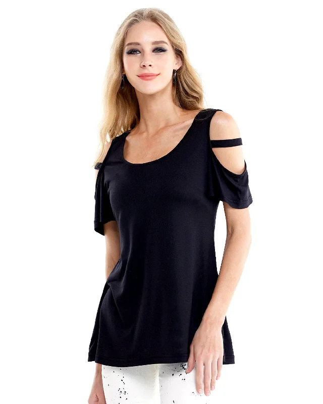 Cold Shoulder Short Sleeve Top - Black