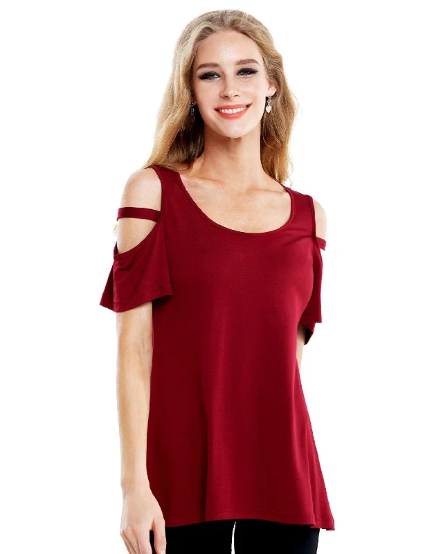 Cold Shoulder Short Sleeve Top - Burgundy