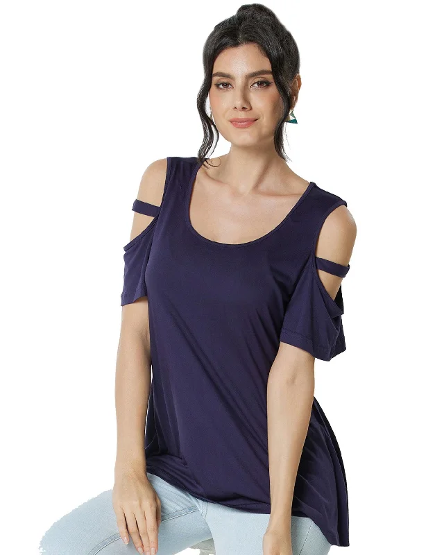 Cold Shoulder Short Sleeve Top - Navy