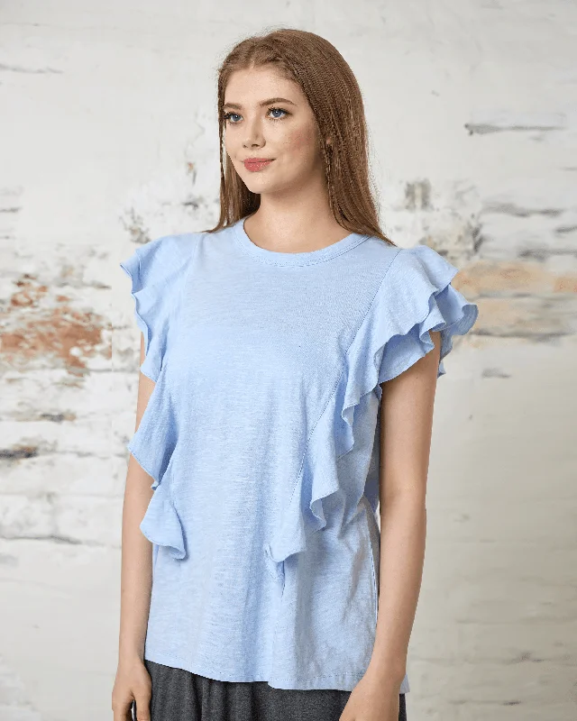 Cotton Slub Double Ruffle Sleeve Tee - Sky