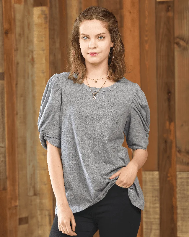 Knotted Puff Sleeve Top - Charcoal Grey