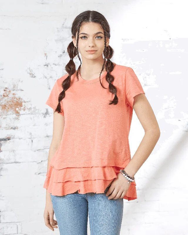 Layered Ruffle Hem Short Sleeve Tee - Orange