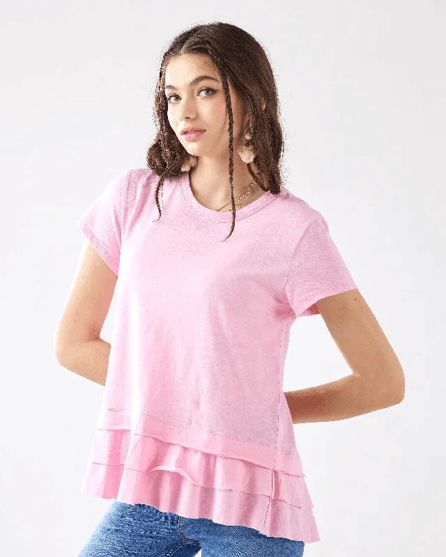 Layered Ruffle Hem Short Sleeve Tee - Pink