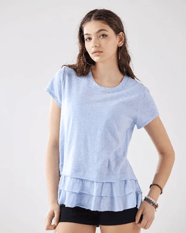 Layered Ruffle Hem Short Sleeve Tee - Sky