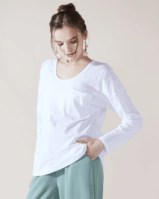 Long Sleeve Slouchy Pocket Tee - White