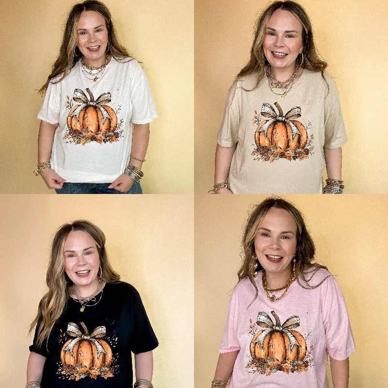 Online Exclusive | Chic Autumn Pumpkin on a Bed of Leaves with White Bow Graphic Tee in Multiple Color Options