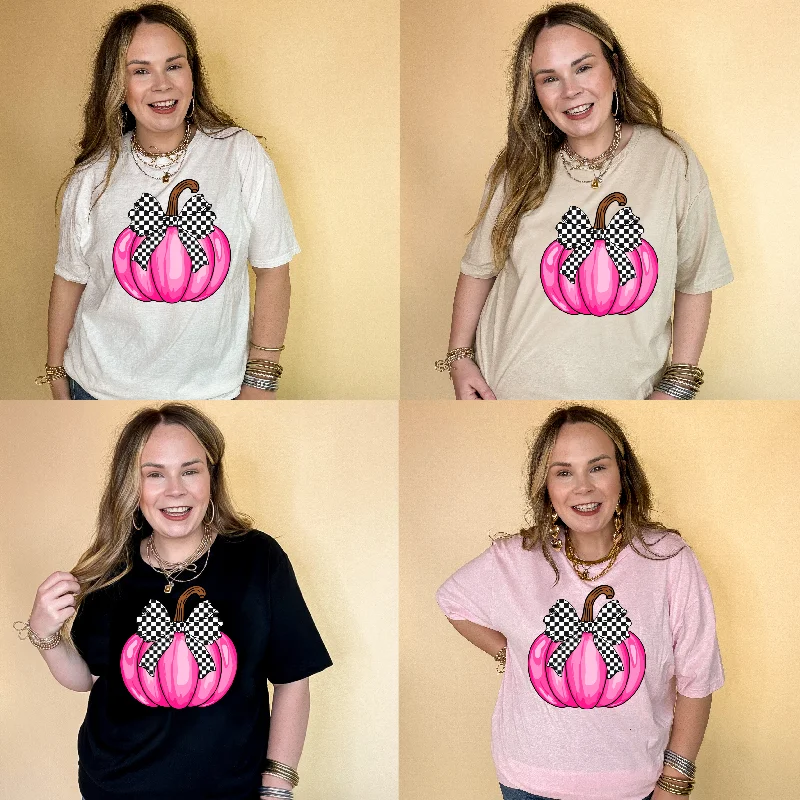 Online Exclusive | Pretty in Pink Hot Pink Pumpkin with Checkered Bow Graphic Tee in Multiple Color Options