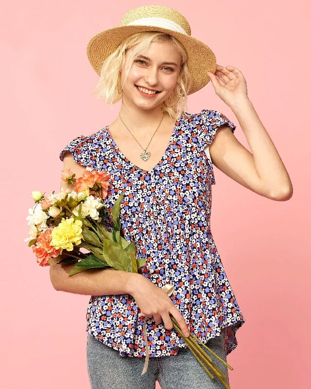 Ruffle Sleeve Babydoll Top - Navy Orange