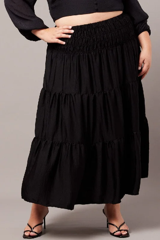 Black Shirred Waist Maxi Skirt