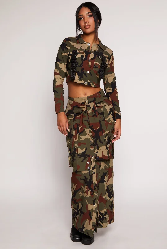 Camo Tie Front Maxi Cargo Skirt