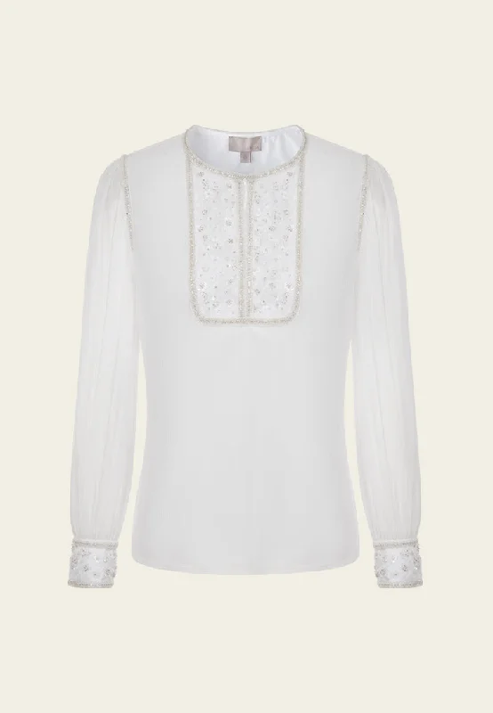 Beaded-trim Embellished Puffed-sleeve Chiffon Blouse