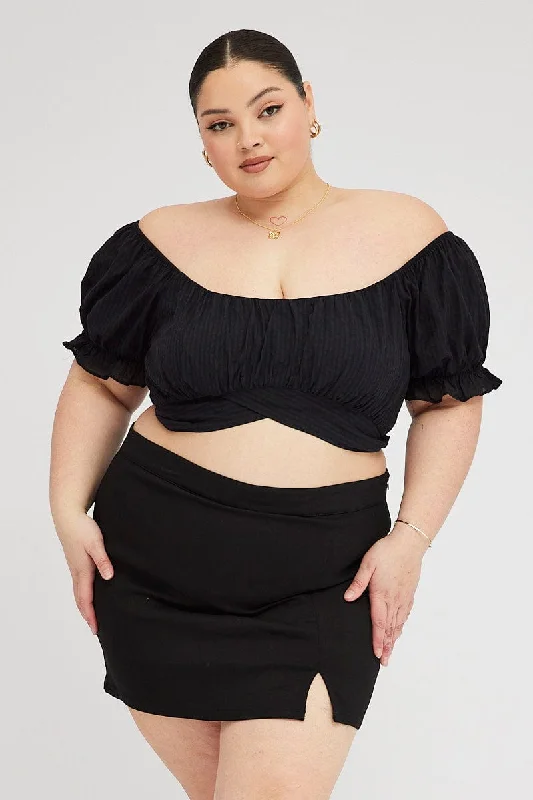 Black Crop Top Short Sleeve Tie Back