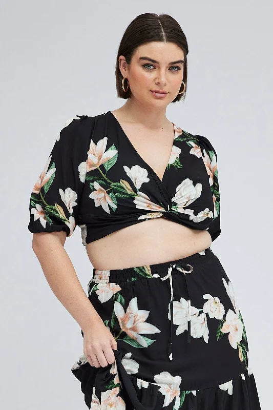 Black Floral Crop Top Short Sleeve Twist Front