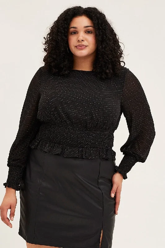 Black Long Sleeve Waist Shirred Top