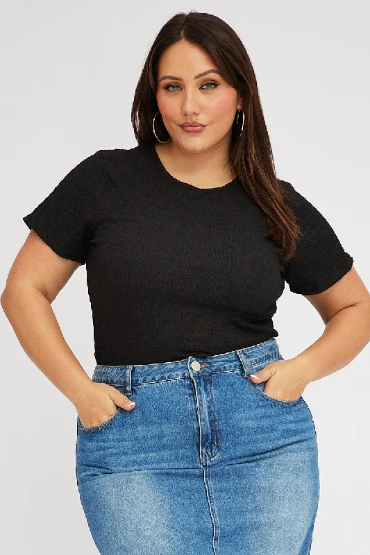 Black Textured Top Short Sleeve Crew Neck