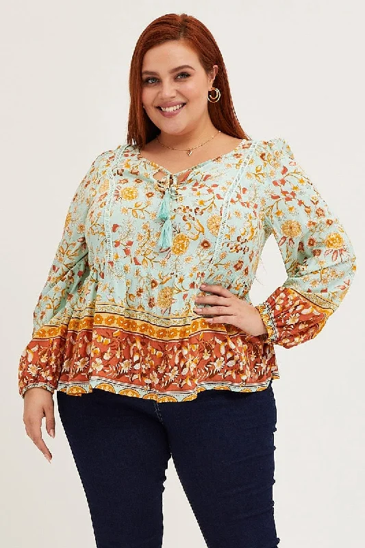 Boho Print Lace Trim Peasant Top Long Sleeve