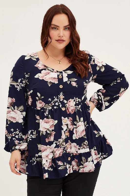 Floral Print Smock Top Long Sleeve Tie