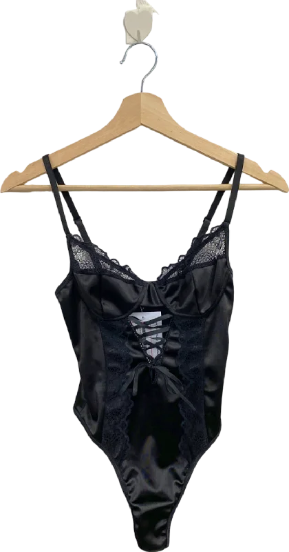 PrettyLittleThing Black Satin Lace Bodysuit Small