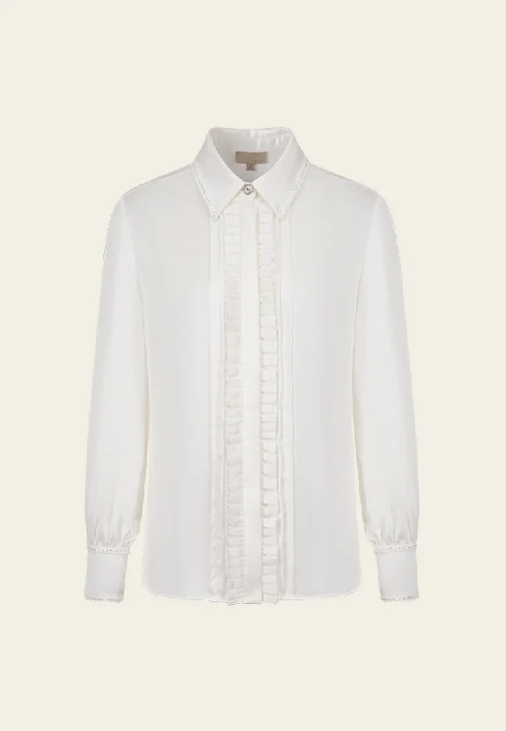 Ruffle-detail Lace-trim Crystal Button Blouse