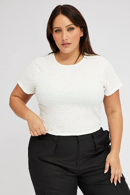 White Textured Top Short Sleeve Crew Neck