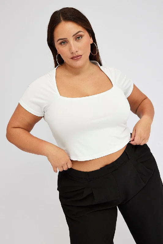 White Top Short Sleeve Square Neck Cropped