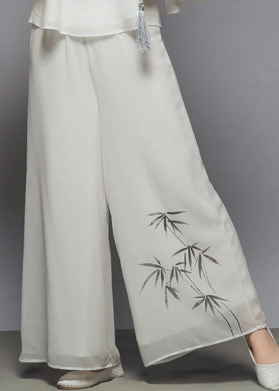 Plus Size White Elastic Waist Print Draping Chiffon Wide Leg Pants Summer