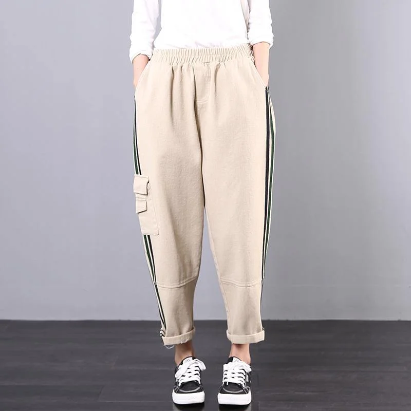 Spring 2020 new large size khaki striped stitching tooling pockets nine casual pants