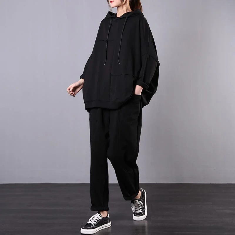 Spring Korean version of the large size meat cover was thin literary black shirt + black pants casual suit