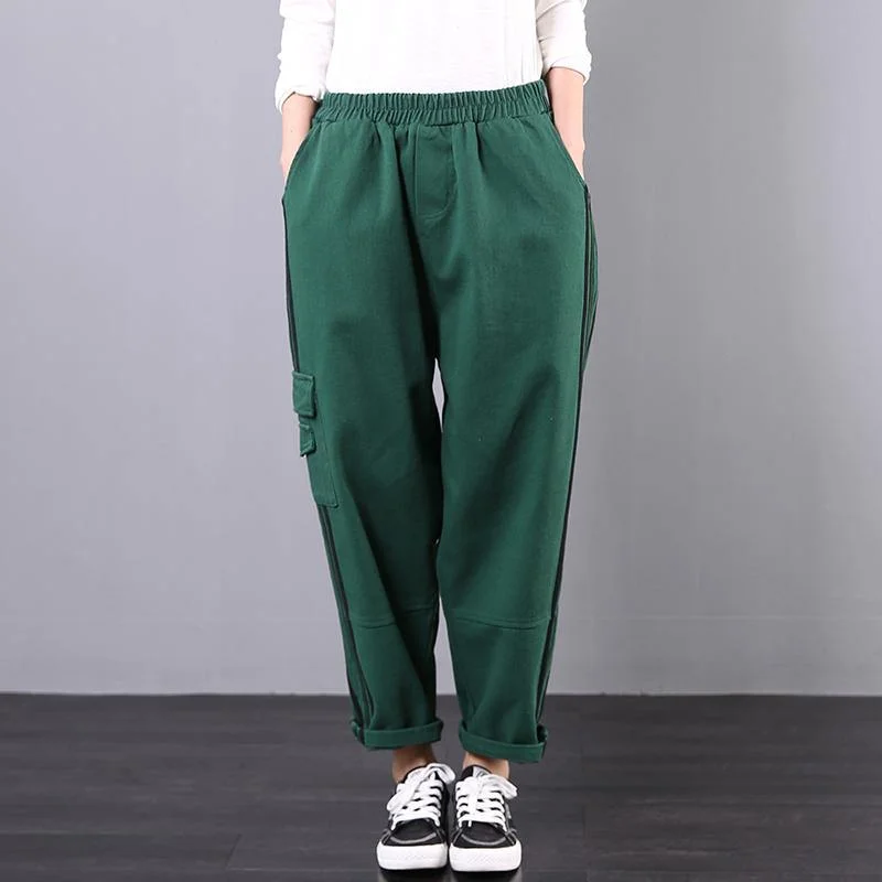 Spring loose art stripe tooling pocket green stitching harem pants women