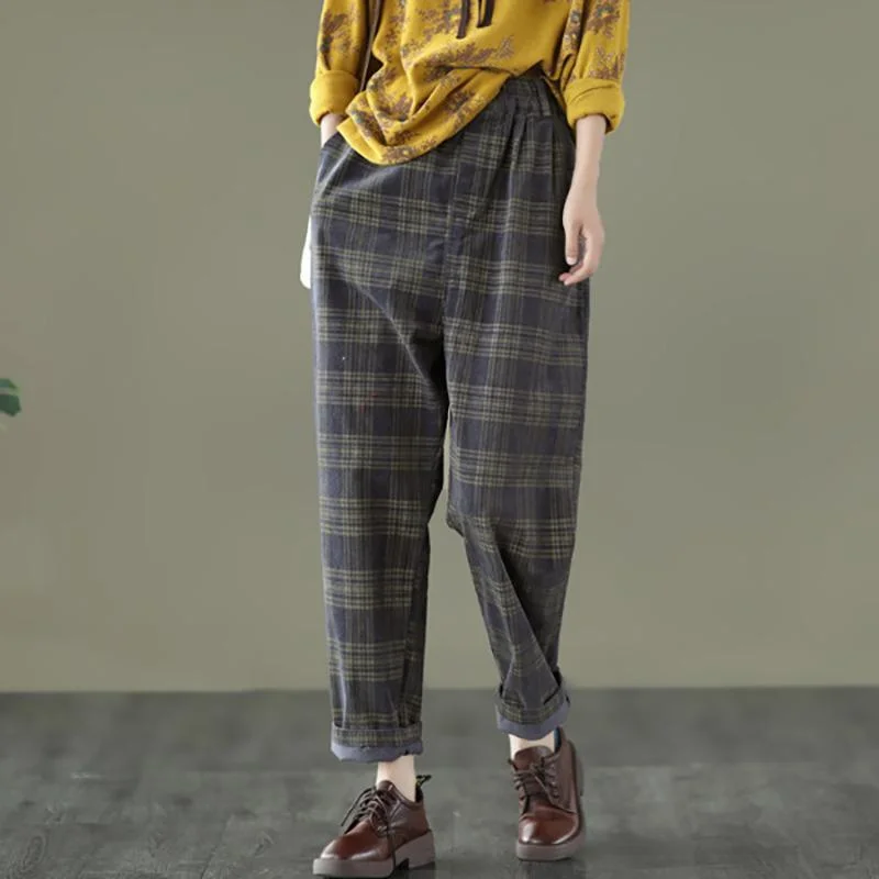 Spring Plaid Corduroy Pants Elastic Waist