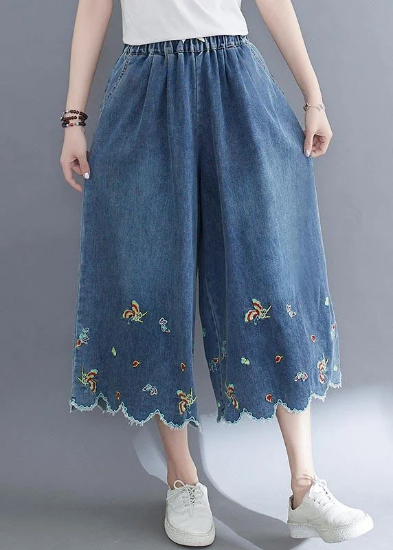 Style Blue Embroidered Crop Wide Leg Summer Pants