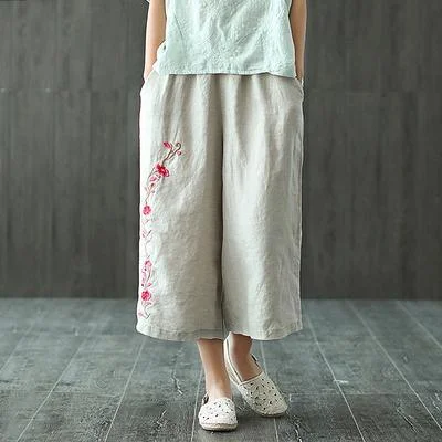 Style for women Fashion Linen Nude Embroidery Casual Wide Leg Pants