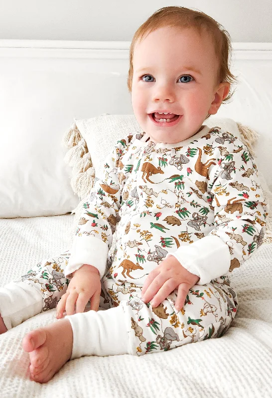 2-Way Zip Baby Sleepsuit with Foldable Mitts - 100% Organic Cotton - Native Aussie Animals