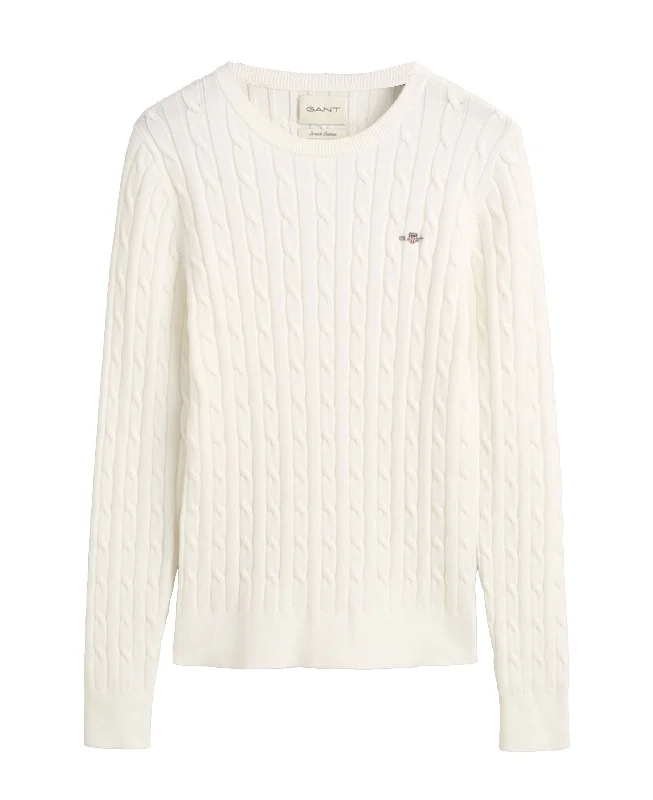 Stretch Cotton Cable Crew Neck Jumper - Eggshell