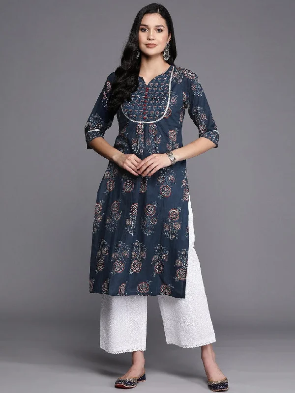 Blue Printed Cotton Straight Kurta