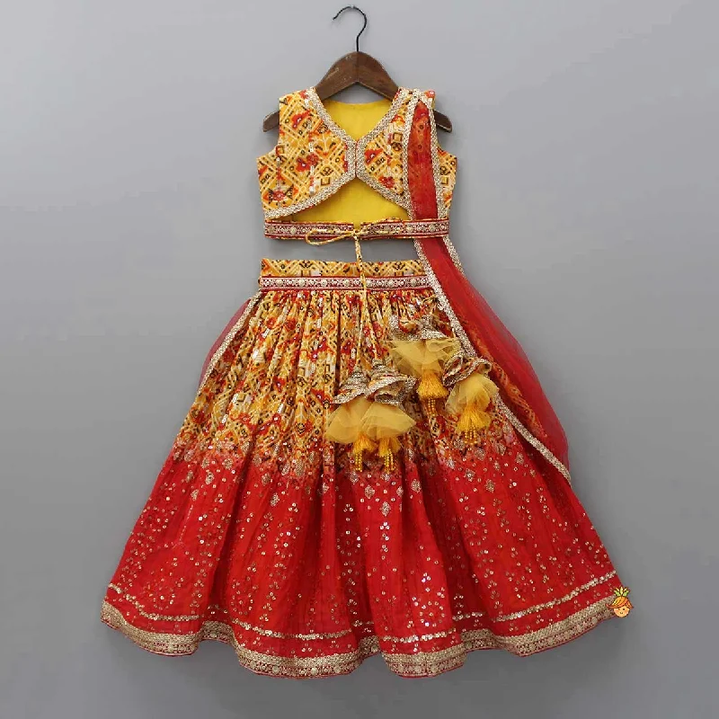 Embroidered Patola Printed Stylish Top And Lehenga With Detachable Net Dupatta