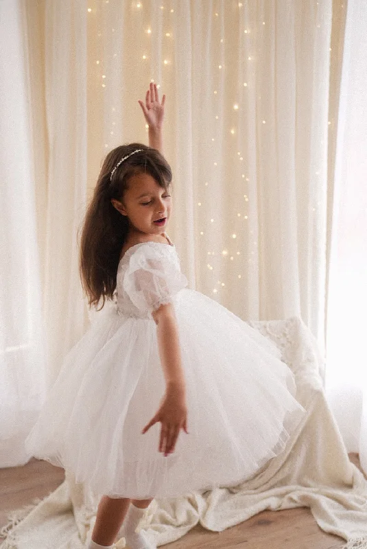 Gemma Puff Sleeve White Flower Girl Dress