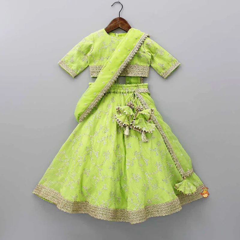 Green Embroidered Lacework Top With Lehenga And Attached Dupatta