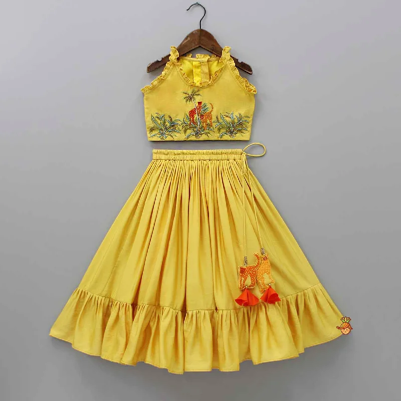 Jungle Theme Embroidered Yellow Top And Flared Lehenga