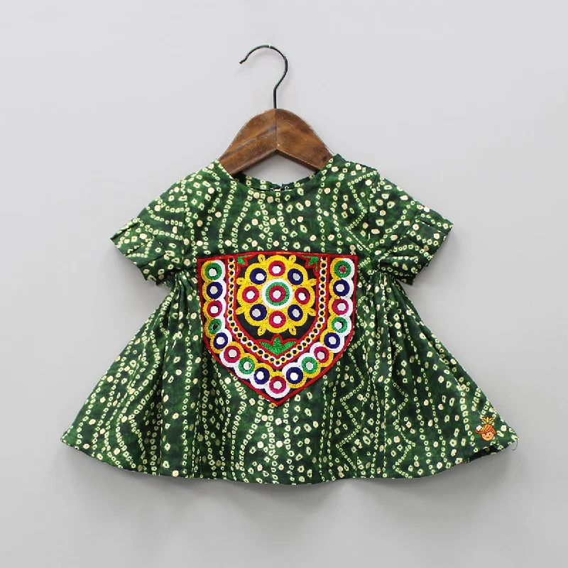 Mirror Work And Bandhani Printed Dark Green Fancy Short Kurti