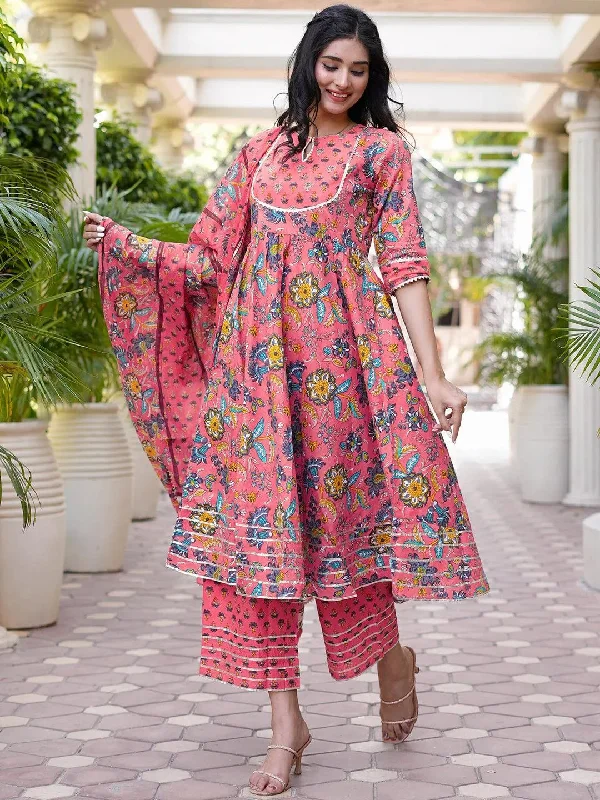 Pink Printed Cotton Anarkali Kurta With Palazzos & Dupatta