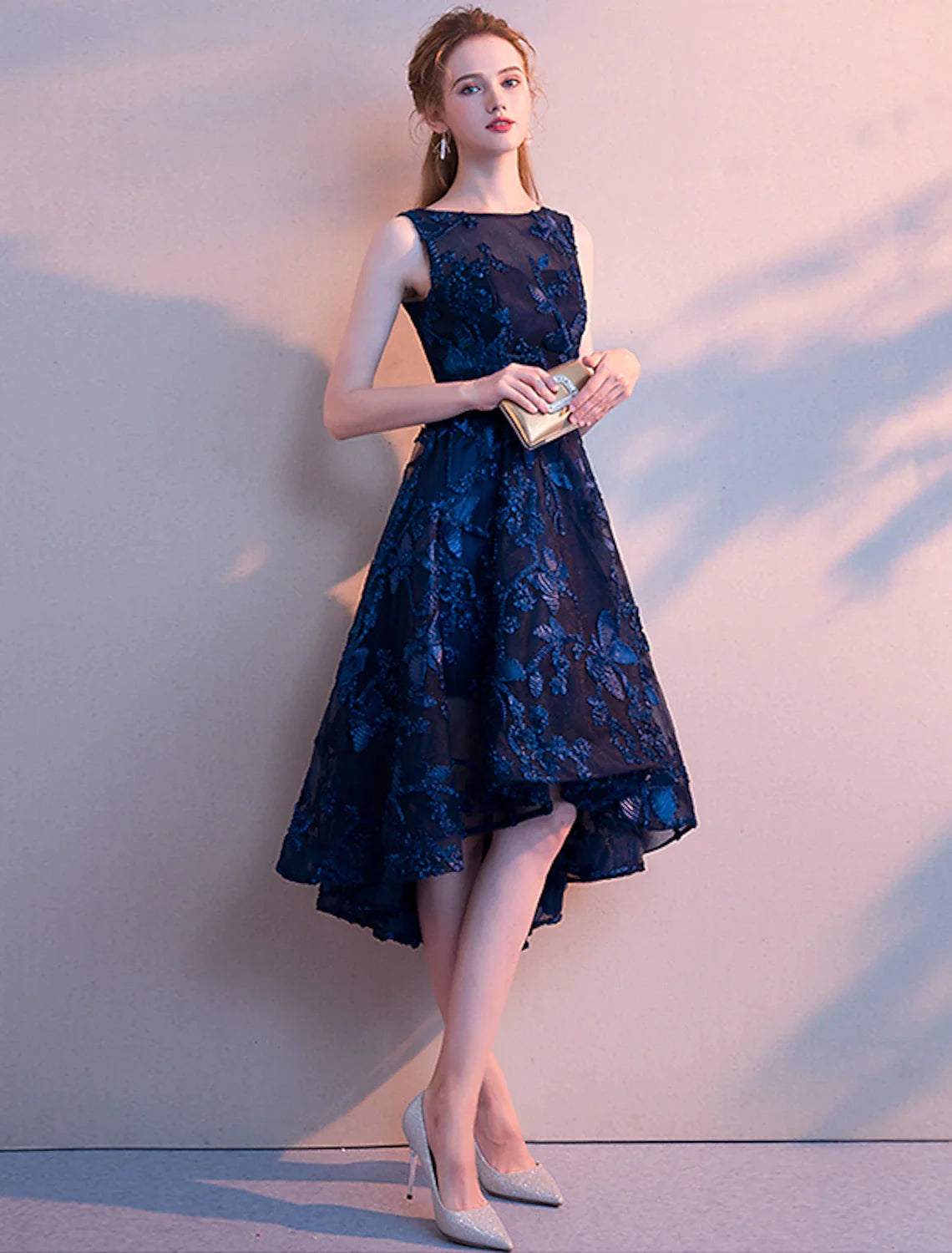 A-Line Cocktail Dresses Minimalist Dress Homecoming Asymmetrical Sleeveless Jewel Neck Tulle with Pleats Pattern / Print