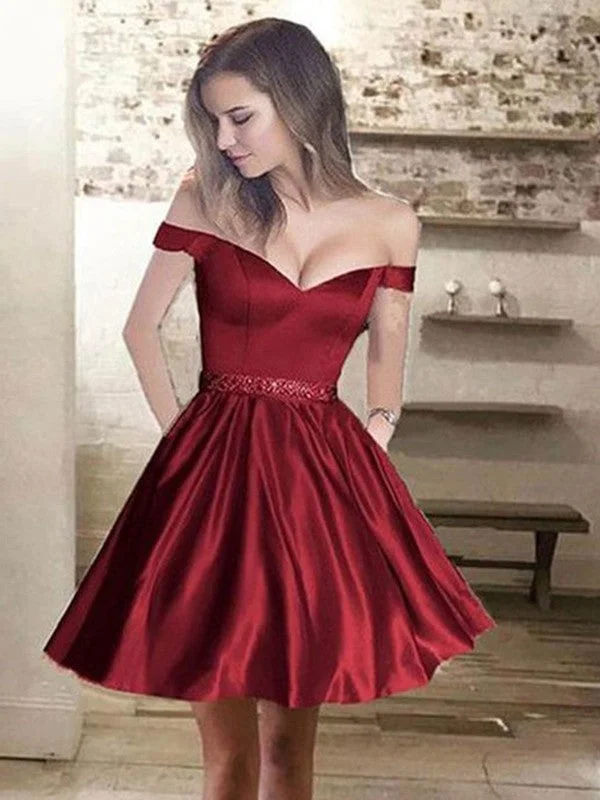 A-Line/Princess Off-the-Shoulder Satin Beading Sleeveless Short/Mini Dresses