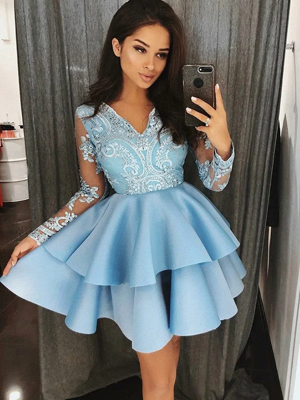 A-Line/Princess Satin V-Neck Long Sleeves Applique Short/Mini Dresses