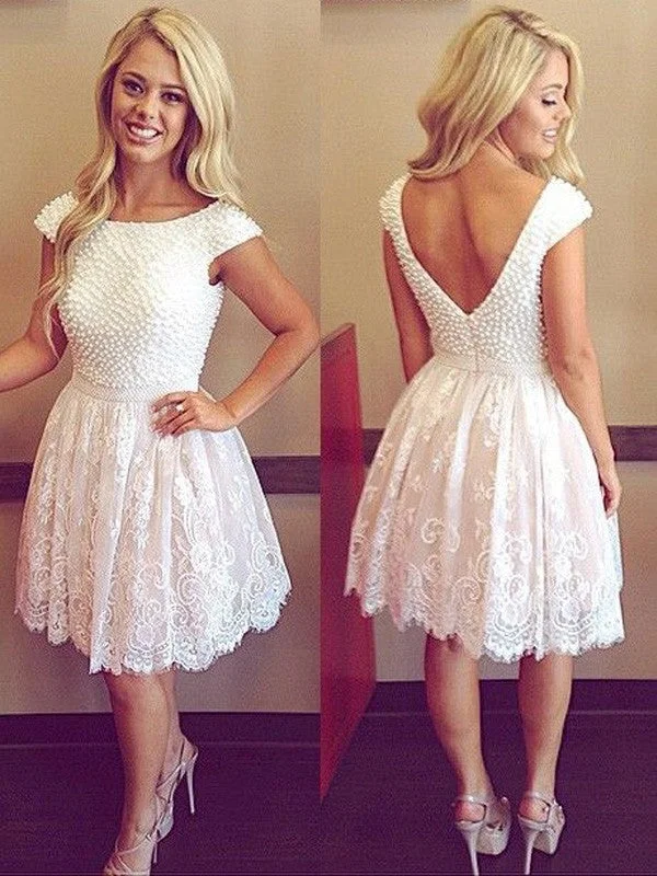 A-Line/Princess Scoop Short Sleeves Pearls Lace Short/Mini Dresses