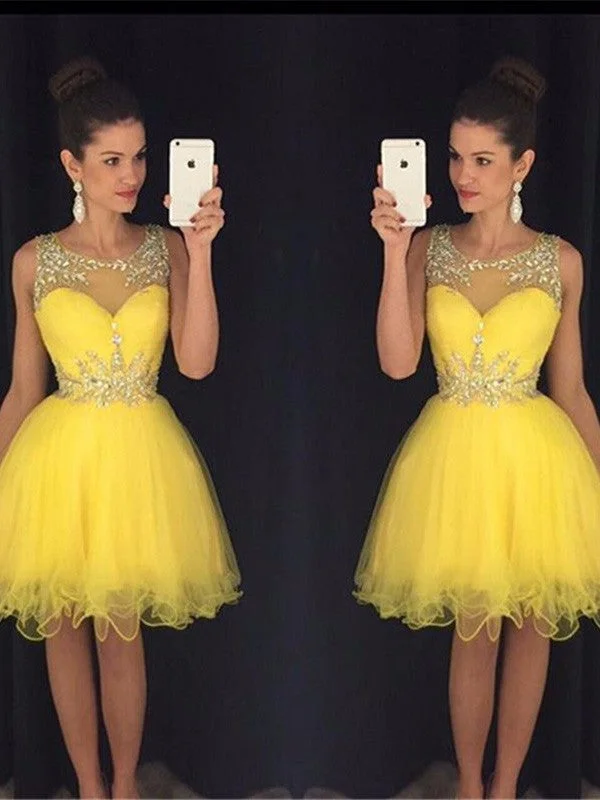 A-Line/Princess Scoop Sleeveless Beading Tulle Short/Mini Dresses