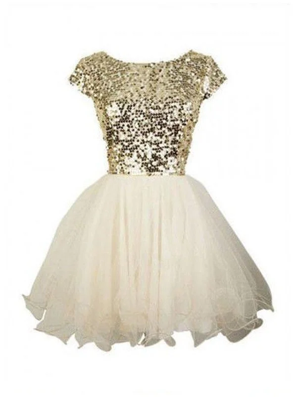 A-Line/Princess Sleeveless Scoop Sequin Tulle Short/Mini Dresses