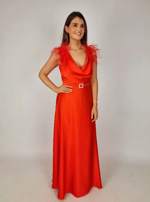 Access Red Maxi Satin Dress With Feathers